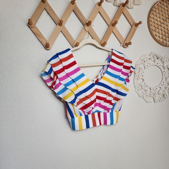 Color Me Courtney Holly Ruffle Colorful Striped Crop Top Women's 4 - Picture 2 of 8